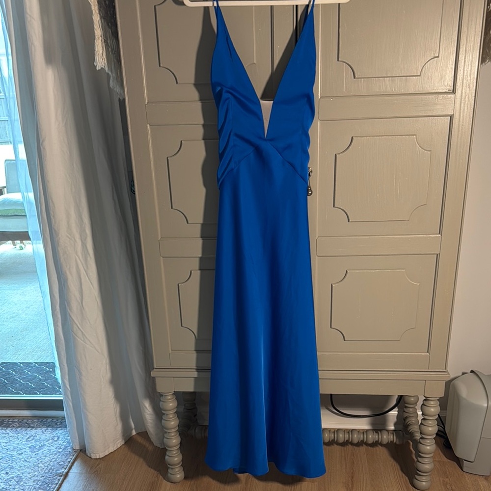 Aidan Mattox size 14R halter drape royal blue formal gown. - Picture 2 of 13